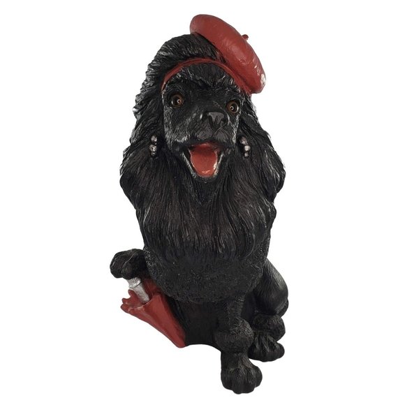 Vintage Poodle Dog Hat Red Umbrella Poly Resin Hand Painted Statue Figurine 11.5